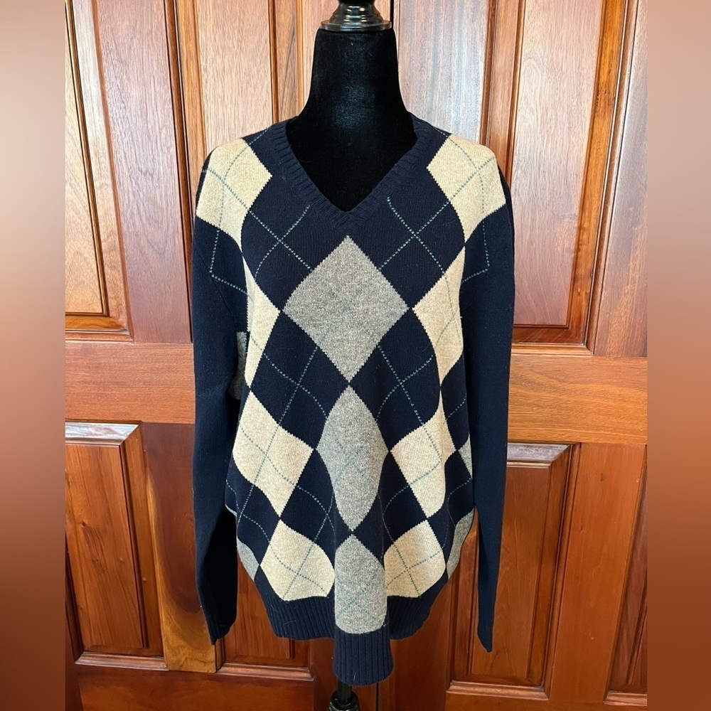 J.Crew Sweater Mens Large Knit LambsWool V-Neck Navy Cream Argyle Vintage